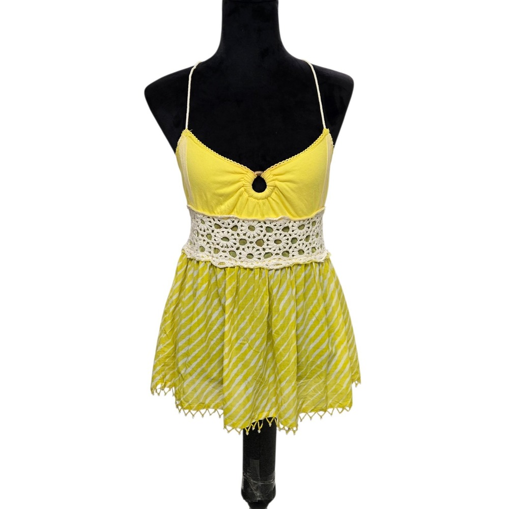 Free People Yellow & White Baby doll Tank Top Crochet Knit & Bead Details M Boho
